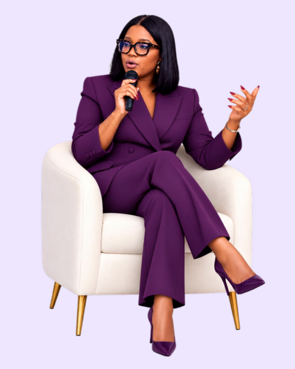 Chelly seated in a purple suit holding a microphone