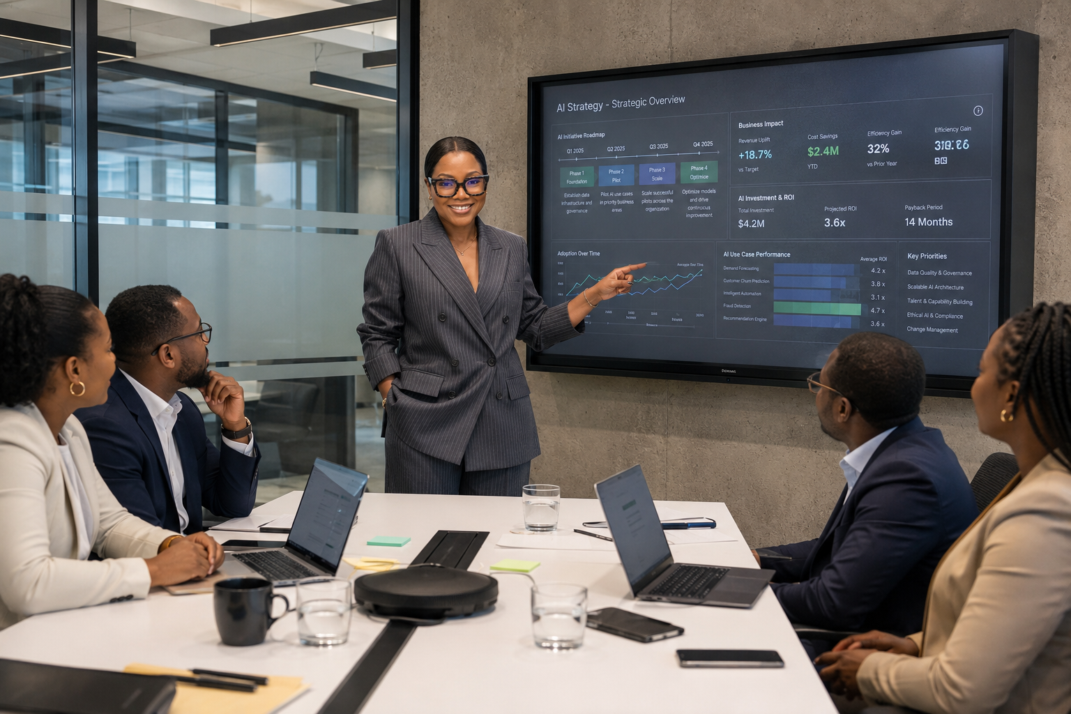 Chelly presenting AI strategy to a team in a boardroom